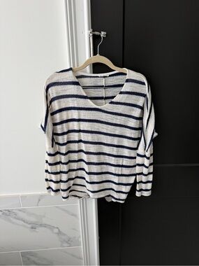 Striped V-Neck Women's Sweater - Navy and Cream